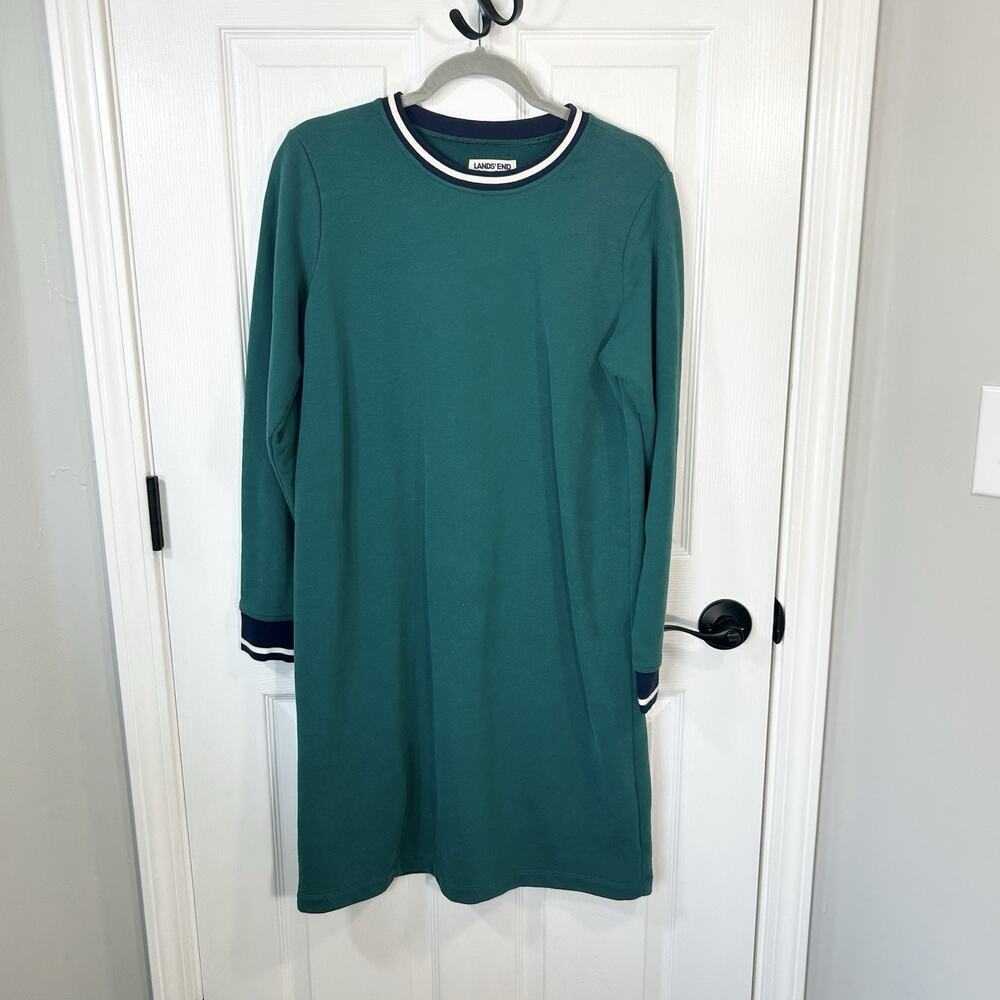 Lands' End Serious Sweats French Terry Sweatshirt Dress Size M 10-12 Teal Green